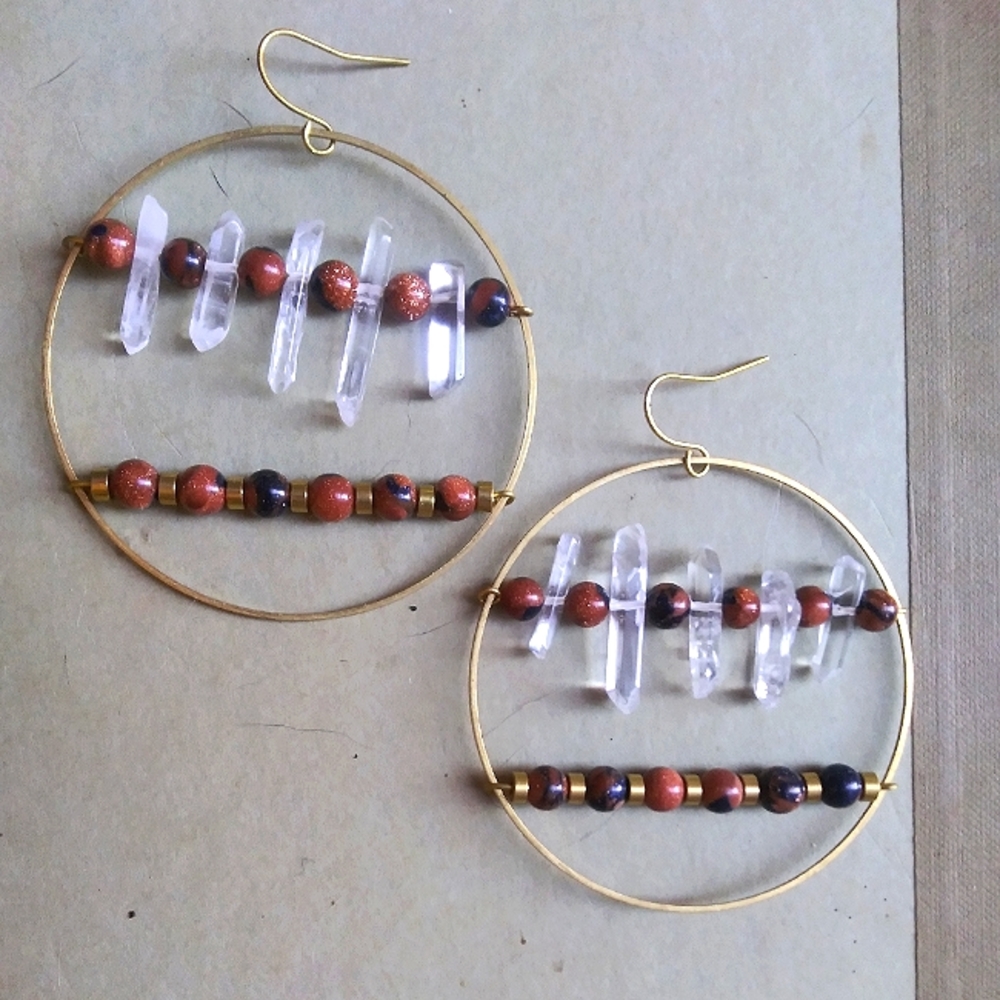 'Skewer' XXL Quartz Crystal and Goldstone Statement Earrings